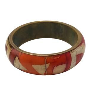 Vintage Geometric Bangle Bracelet Brass Wood Inlay 7.5 Boho